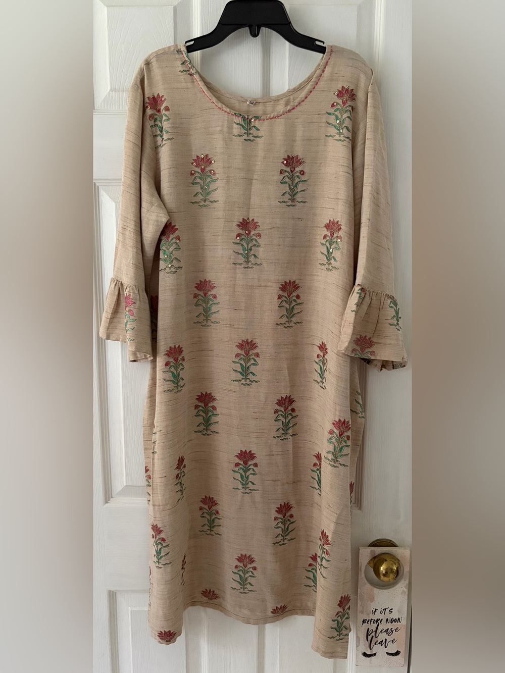 Beige Floral Shift Dress with Red and Green Floral Accents